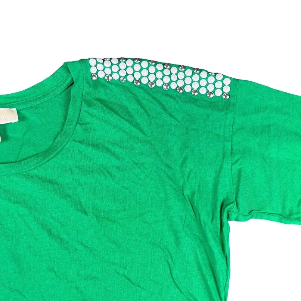 Michael Kors Green Shirt Beaded White Silver Long Sleeve Top Women's Size Medium